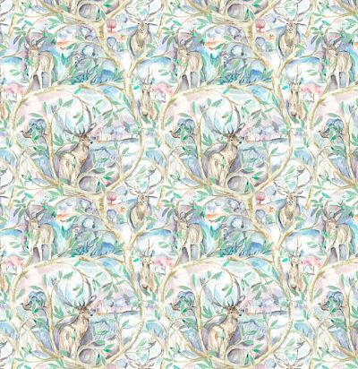природные пейзажи, олени в лесу. Принт в акварельной технике 