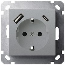 Фото: Розетка SCHUKO© с USB A+C с защитными шторками 16A 250V~ 2P+T USB 25W, цвет Алюминий- Ампир Декор