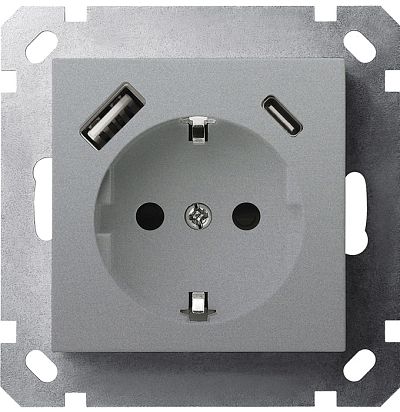 Розетка SCHUKO© с USB A+C с защитными шторками 16A 250V~ 2P+T USB 25W, цвет Алюминий Jasmart