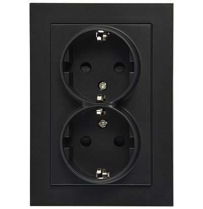 Розетка SCHUKO© двойная с защитными шторками 16A 250V~ 2P+T, цвет черный матовый (soft touch) Jasmart