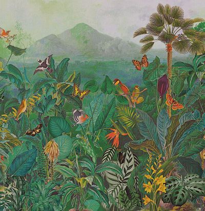 Обои панорамные тропический лес, птицы и бабочки BOP401 Omexco
