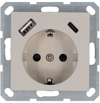 Розетка SCHUKO© с USB A+C с защитными шторками 16A 250V~ 2P+T USB 25W, цвет Тауп Jasmart