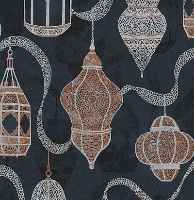 Крупнораппортный дизайн с восточными фонариками, выполненный с нансением чернил с блестками и металл Khroma Zoom