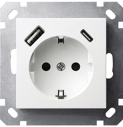 Розетка SCHUKO© с USB A+C с защитными шторками 16A 250V~ 2P+T USB 25W, цвет белый глянцевый Jasmart