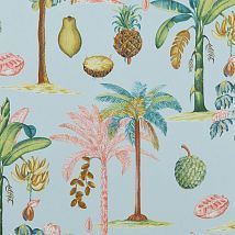 Фото: Ткань современная тропические фрукты и пальмы 44180-675- Ампир Декор