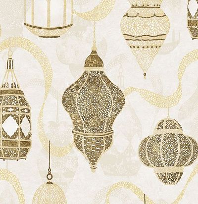 Крупнораппортный дизайн с восточными фонариками, выполненный с нансением чернил с блестками и металл Khroma Zoom