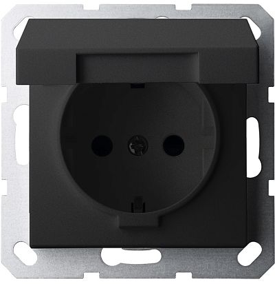 Розетка SCHUKO© с крышкой и защитными шторками 16A 250V~ 2P+T, цвет черный матовый (soft touch) Jasmart