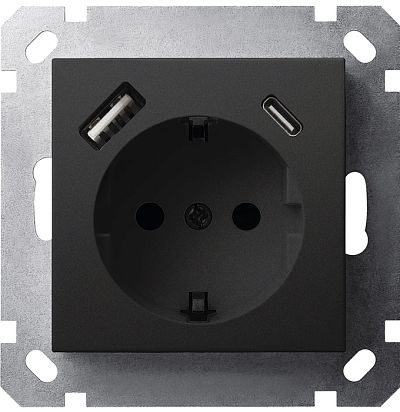 Розетка SCHUKO© с USB A+C с защитными шторками 16A 250V~ 2P+T USB 25W, цвет черный матовый (soft tou Jasmart