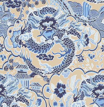 Обои Thibaut Imperial Garden T14236 Imperial Dragon Blue and Tan 